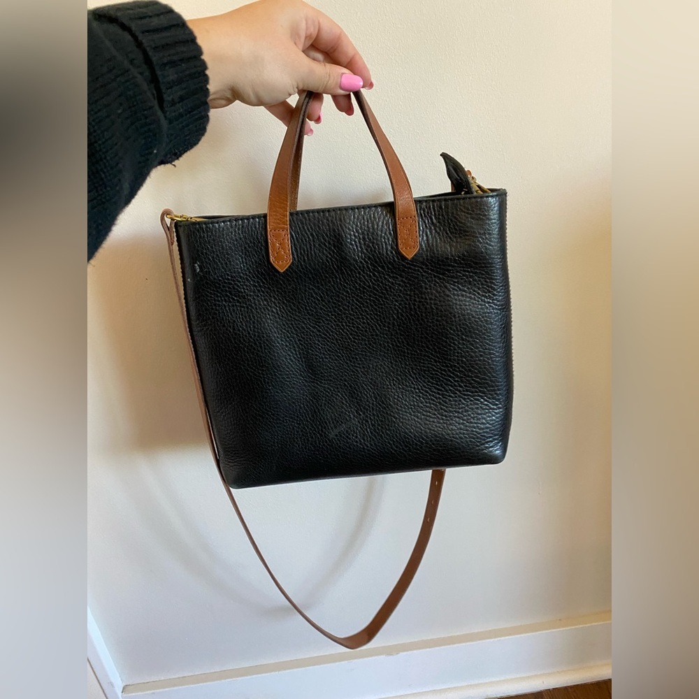 Madewell Zip Top Small Transport Leather Crossbody Tote black brown